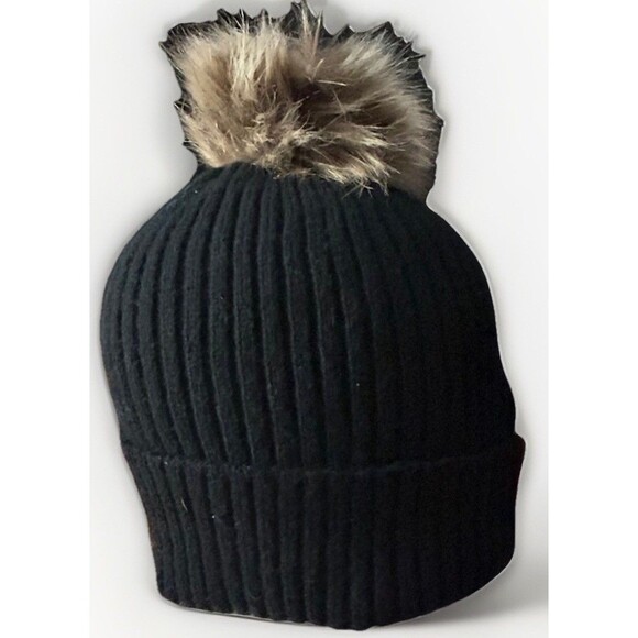 Lucky Brand Winter Faux Fur Pom Pom Hat Brown Rib Knit - Picture 2 of 9